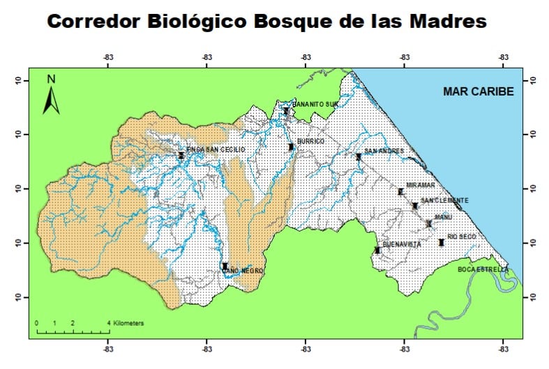 Simplified map of Bosque de las Madres, Costa Rica